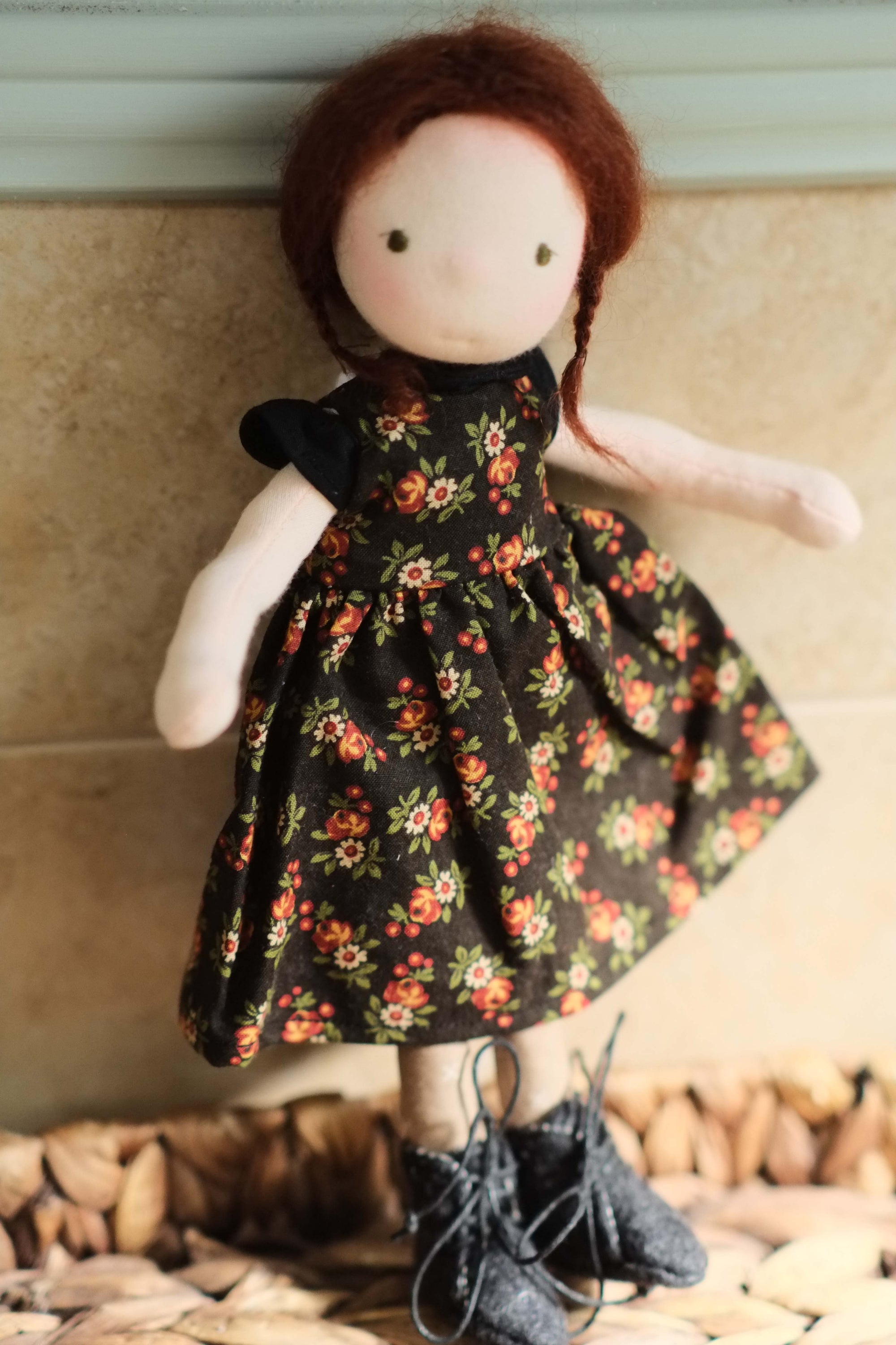 Doll Boots | Black Wool w/ White Floral